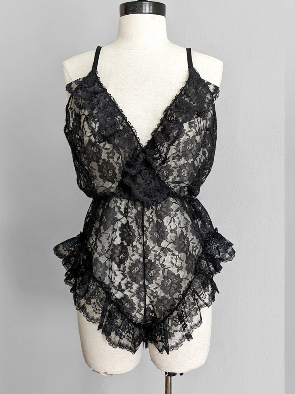 Vtg Sheer Lace Ruffle Lingerie Teddy Bodysuit by Val Mode